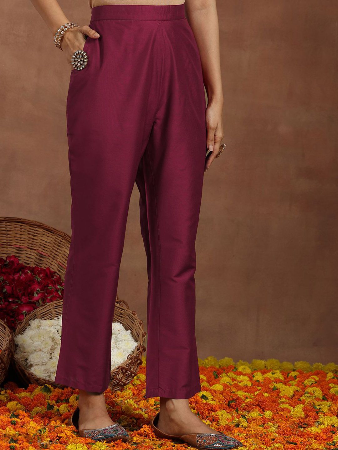 Gerua By Libas Women Floral Yoke Design Pleated Kurta with Trousers