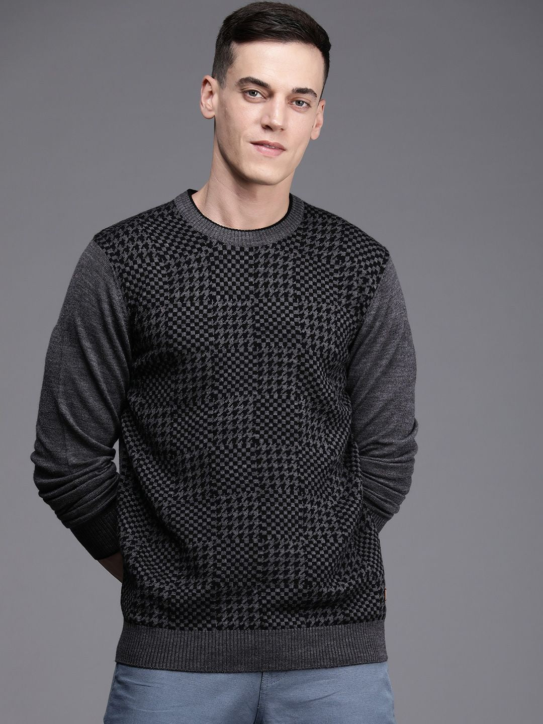 Raymond Men Charcoal Grey Self Design Pullover
