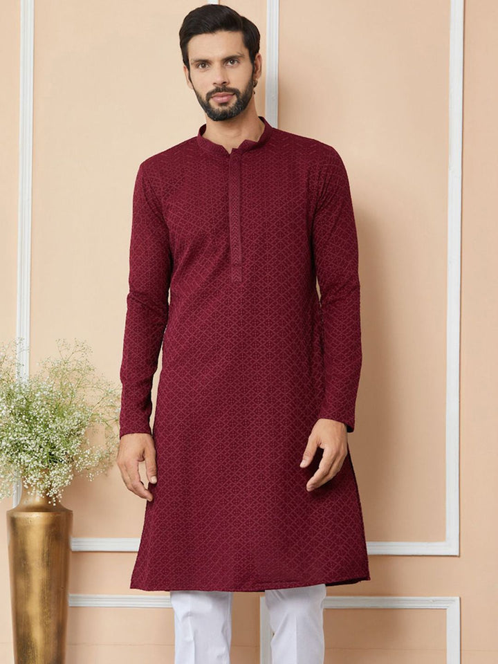 See Designs Ethnic Motifs Mandarin Collar Long Sleeves Pure Cotton Straight Kurta
