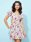 Berrylush Floral Printed Puff Sleeve Cut-Out Detail Fit & Flare Dress