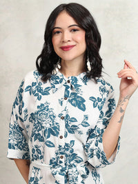 Vishudh Women Floral Print Shirt Collar Flared Sleeve Knee Length Shirt Dress