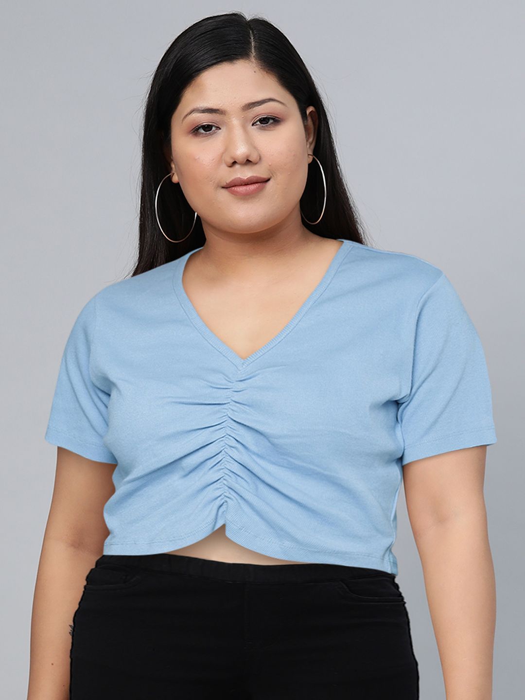 Sassafras Blue Ribbed V-Neck Ruched Fitted Crop Top