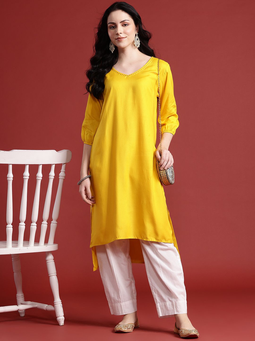 Anouk V-Neck Solid High-Low Kurta
