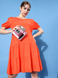 DressBerry Women Orange Solid A-Line Puff-Sleeve Tiered Dress