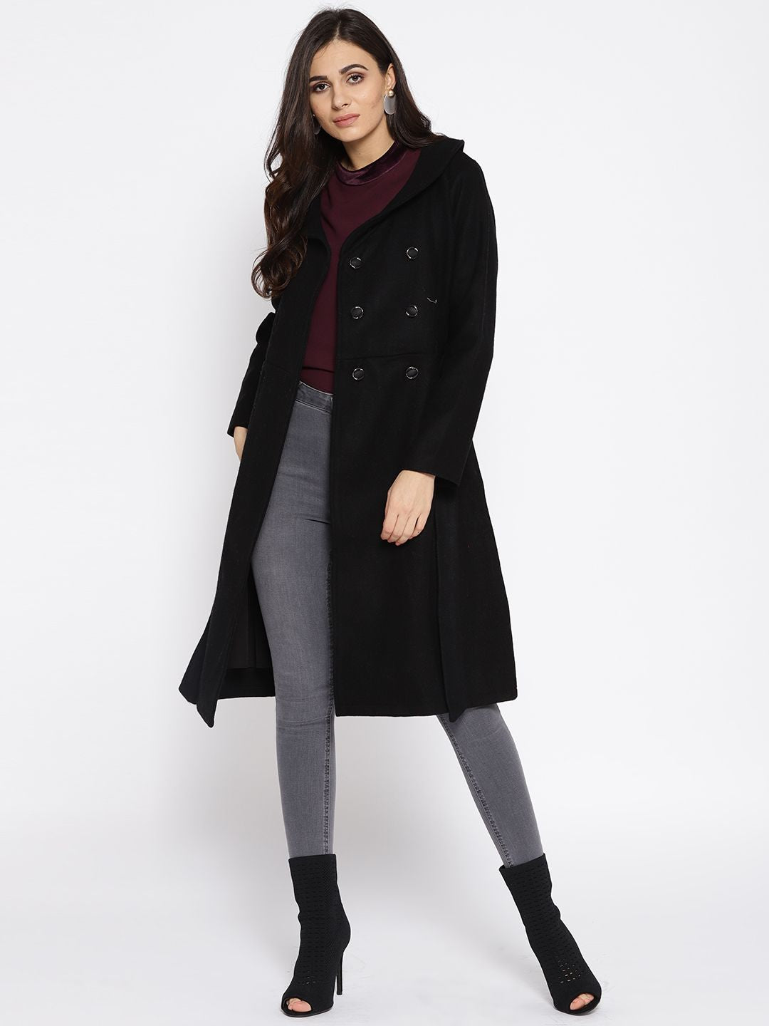 Athena Women Black Solid Longline Overcoat