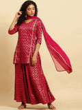 W Festive Striped Print Rayon Kurta With Flared Pant & Dupatta