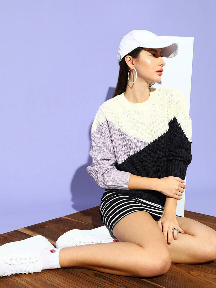 STREET 9 Women Navy Blue & White Colourblocked Pullover