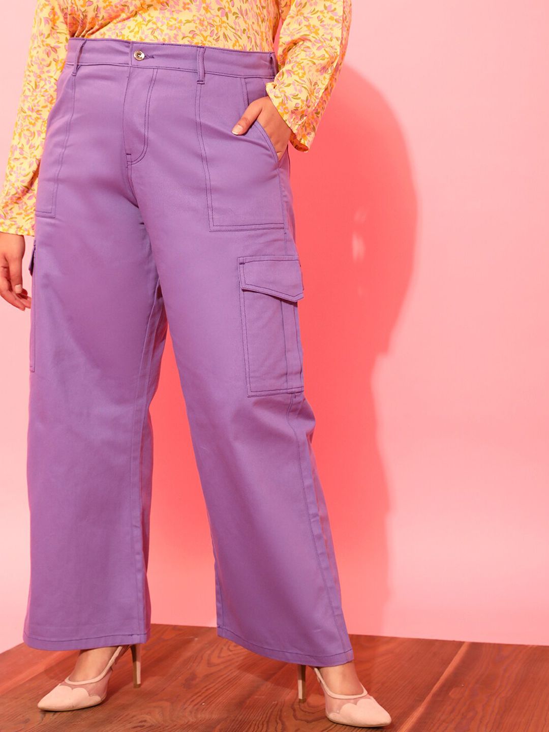 CURVY STREET Women Plus Size Lavender Relaxed Straight Leg Pure Cotton Trousers