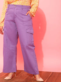 CURVY STREET Women Plus Size Lavender Relaxed Straight Leg Pure Cotton Trousers