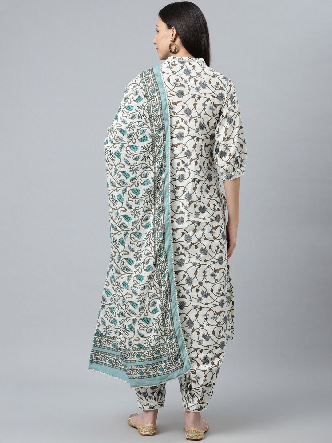 Libas Women White Floral Printed Pure Cotton Kurta with Salwar & With Dupatta