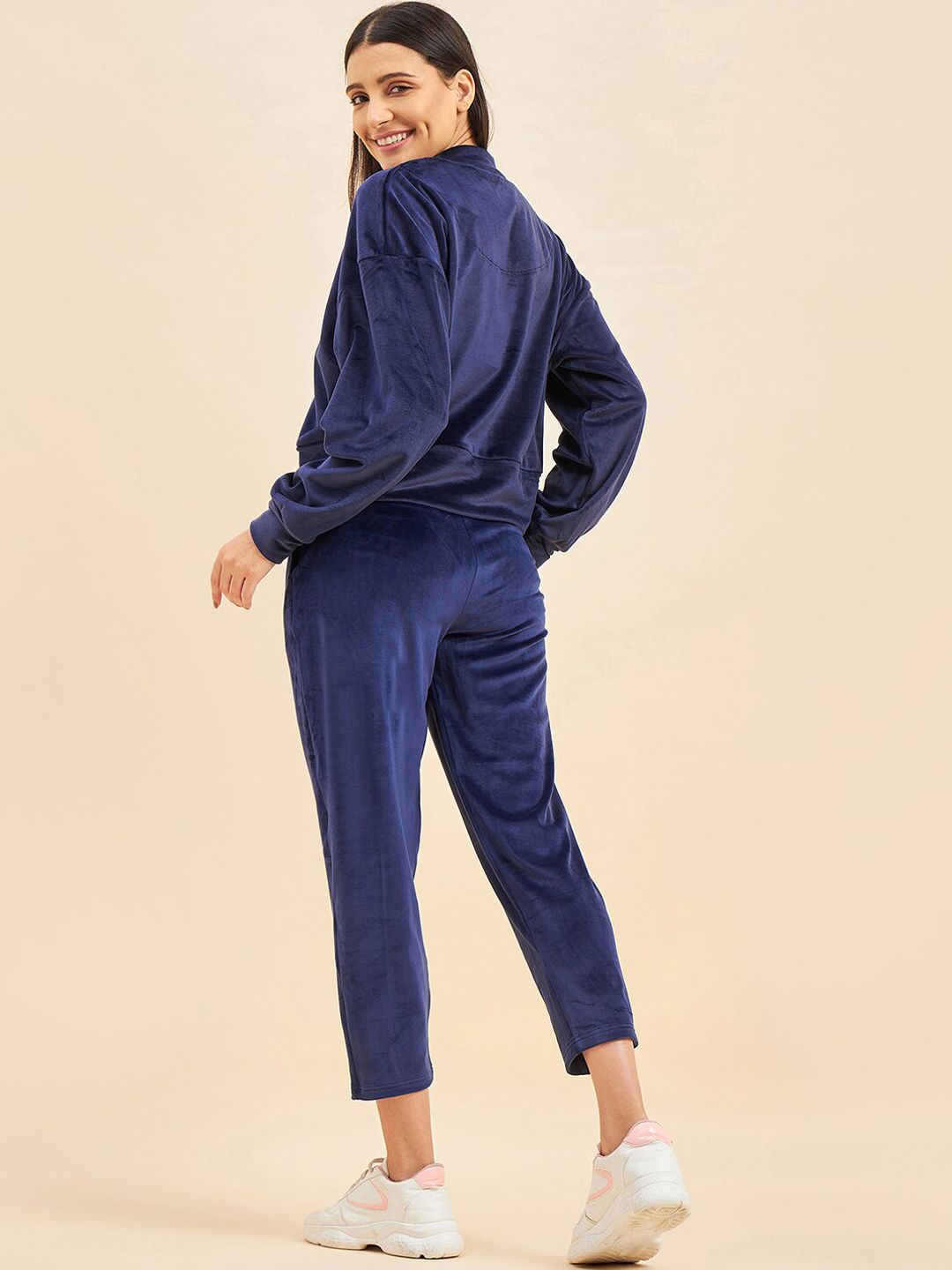 Sweet Dreams Navy Blue Typography Printed Mock Collar Tracksuit