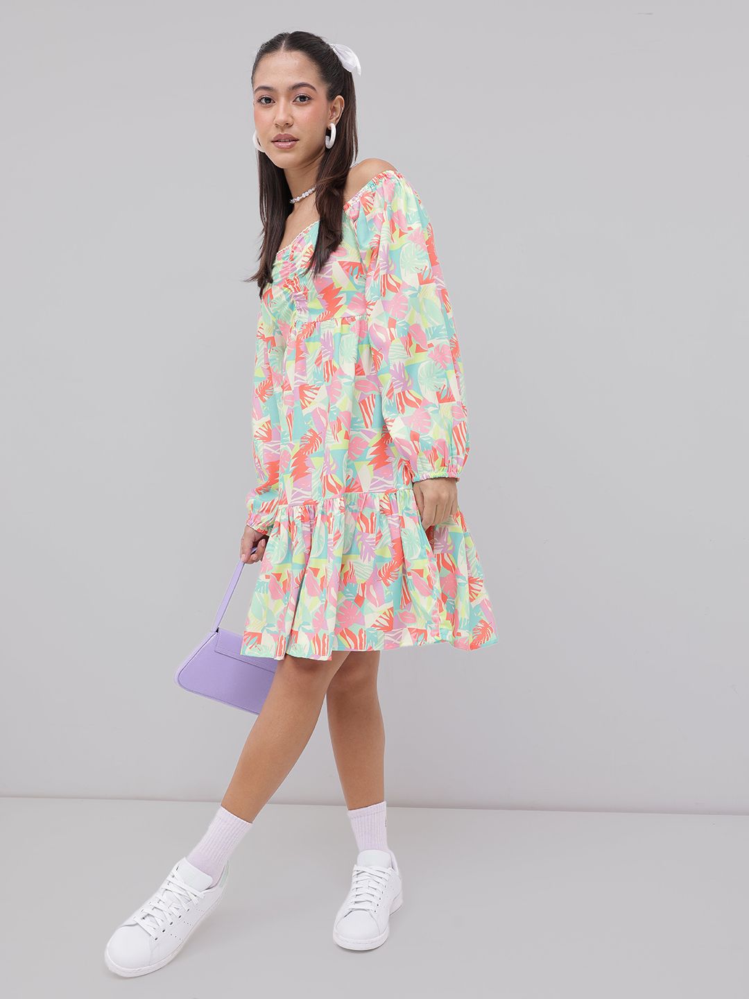 DressBerry Tropical Glam Printed Smocked Off-Shoulder A-line Dress