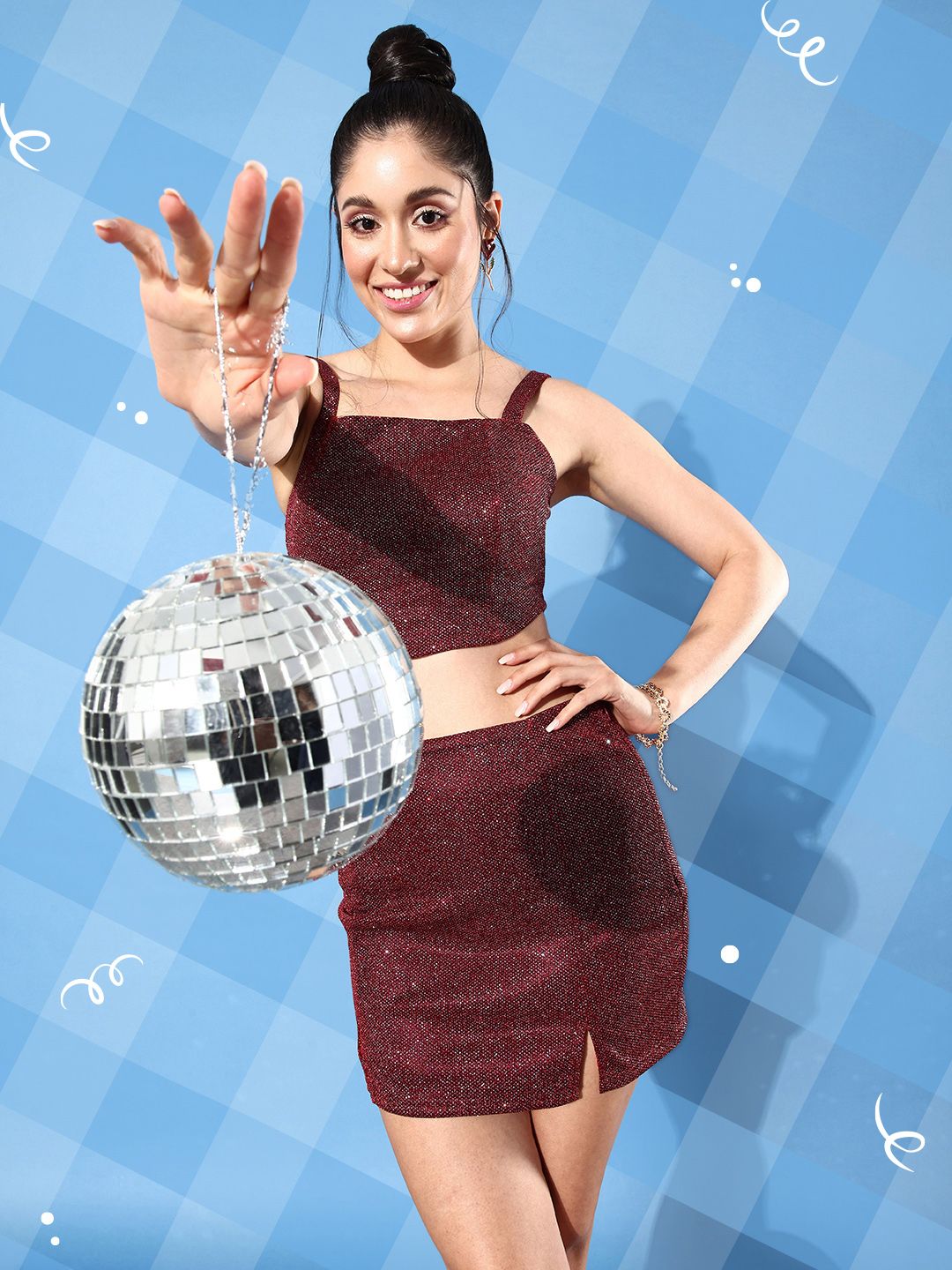 DressBerry Women Blinky Maroon Embellished Top & Skirt Party Co-Ords