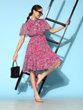 Antheaa Pink & Multicoloured Tie-Up Neck Flared Sleeves Chiffon A-Line Dress