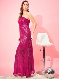 Berrylush Pink Embellished One Shoulder Sequinned Maxi Dress