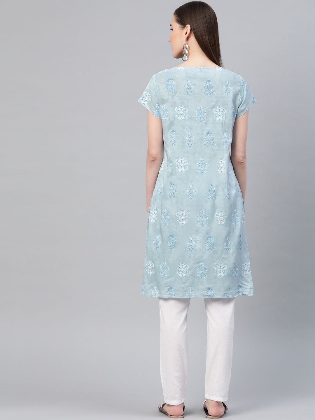 W Women Blue Printed Straight Kurta