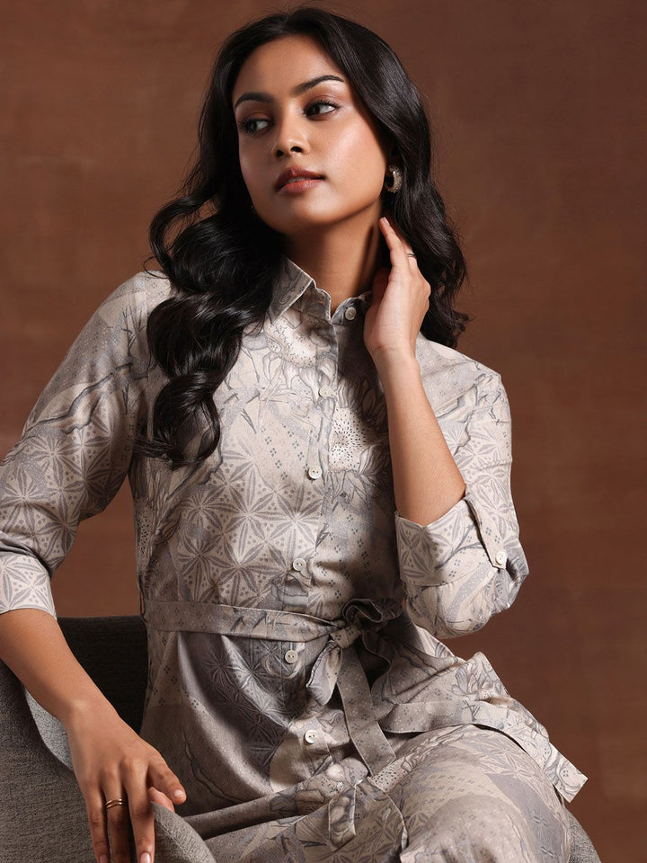 Libas Floral Printed Linen Shirt Collar A-Line Dress