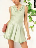 DressBerry Silky Flashback Box Pleats Satin Drop-Waist Mini Dress