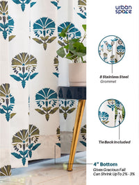 URBAN SPACE White & Blue 2 Pieces Floral Printed Window Curtain
