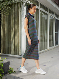 SASSAFRAS Shirt Collar Striped Seath Midi Dress