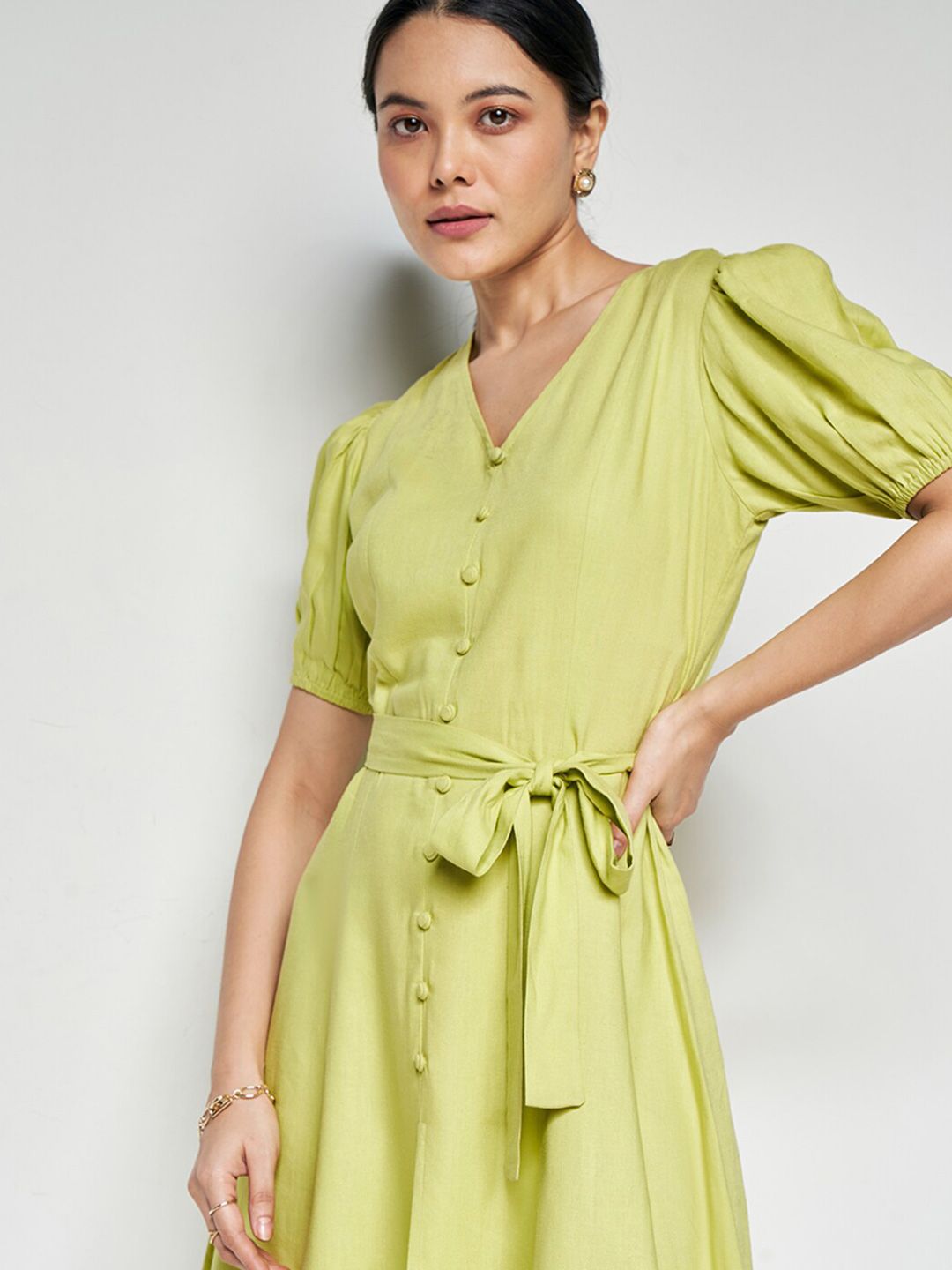 AND Puff Sleeves V-Neck Belted Linen A-Line Dress