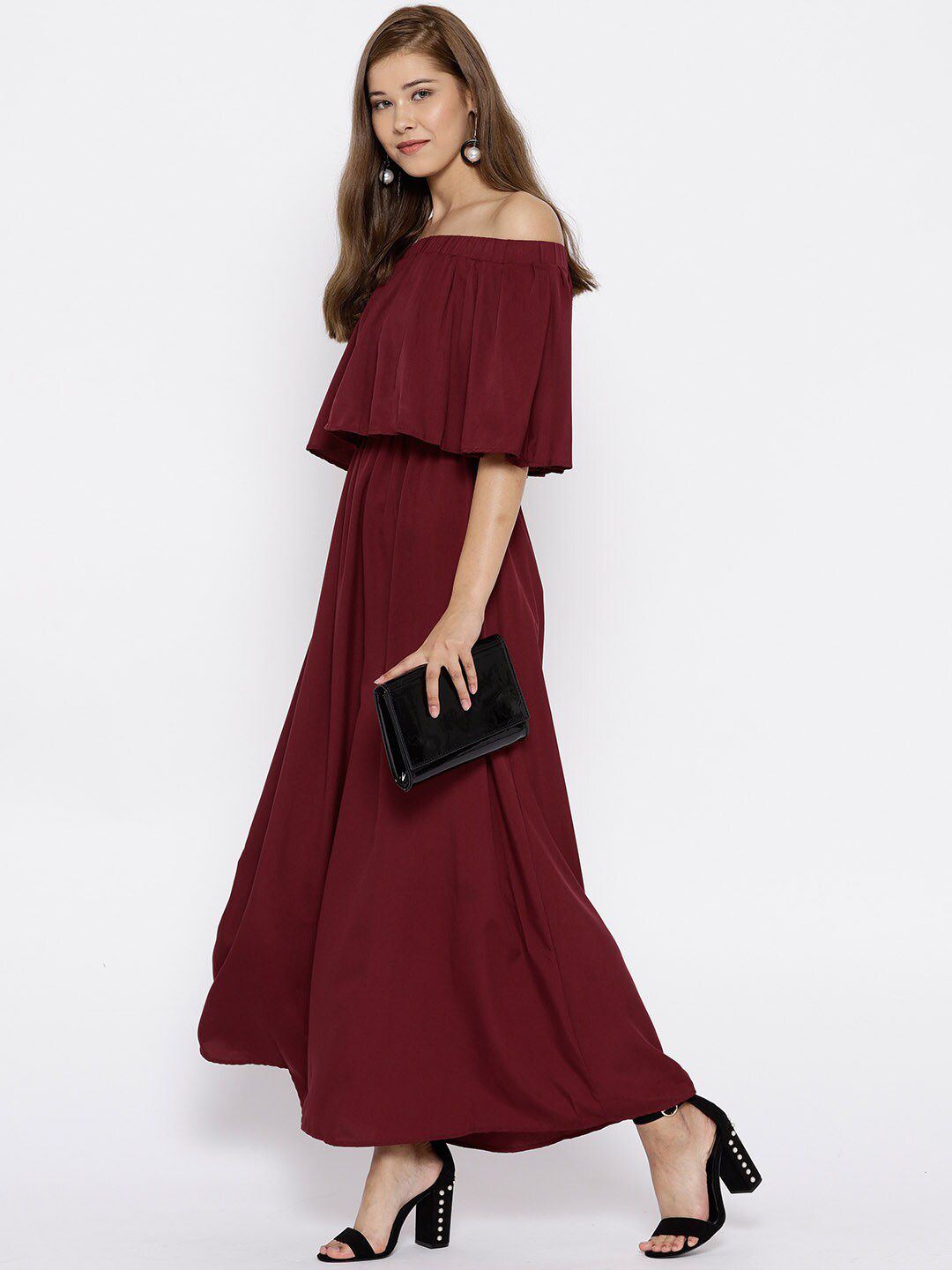 Berrylush Maroon Off-Shoulder Crepe Maxi Dress
