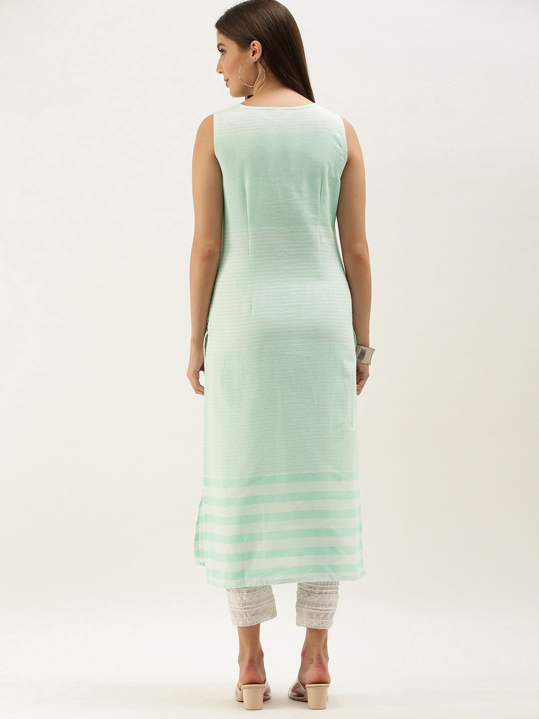 Anouk Women Sea Green & White Striped Kurta