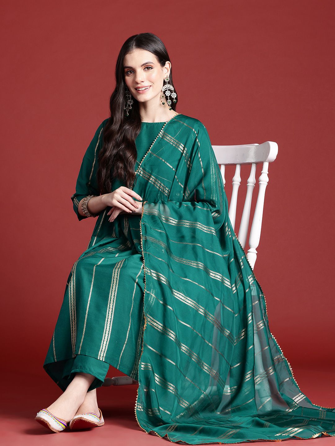 Anouk Striped A-Line Kurta with Trousers & Dupatta