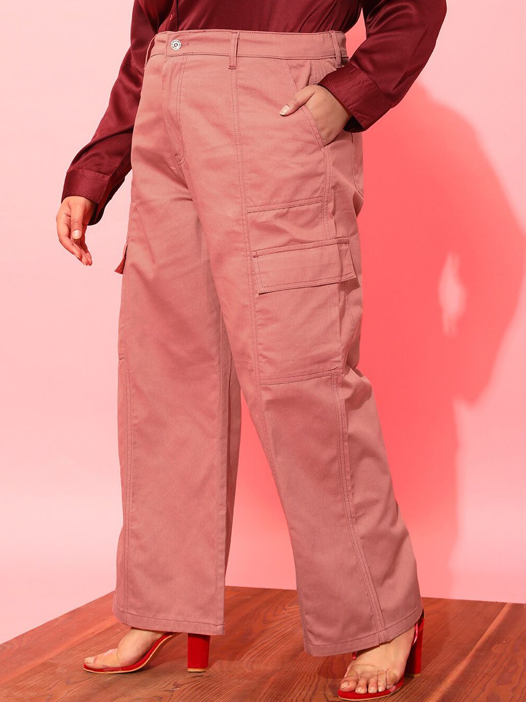 CURVY STREET Women Plus Size Pink Relaxed Straight Leg Pure Cotton Trousers