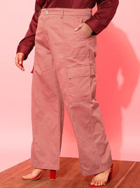 CURVY STREET Women Plus Size Pink Relaxed Straight Leg Pure Cotton Trousers