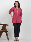 W Floral Embroidered Puffed Sleeves Pure Cotton Longline A-Line Top