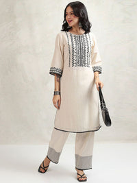 Vishudh Beige Floral Yoke Design Thread Work Regular Pure Cotton Kurta with Trouser