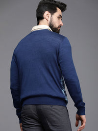 Raymond Men Blue Chevron Printed Pullover