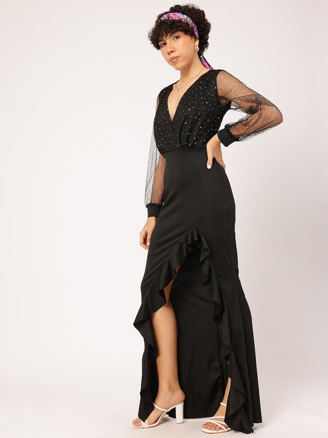 DressBerry Midnight Cleopatra High-Slit Ruffle Detail Maxi Dress