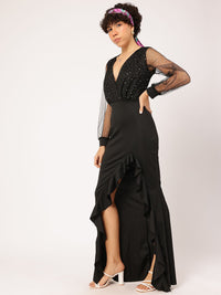DressBerry Midnight Cleopatra High-Slit Ruffle Detail Maxi Dress