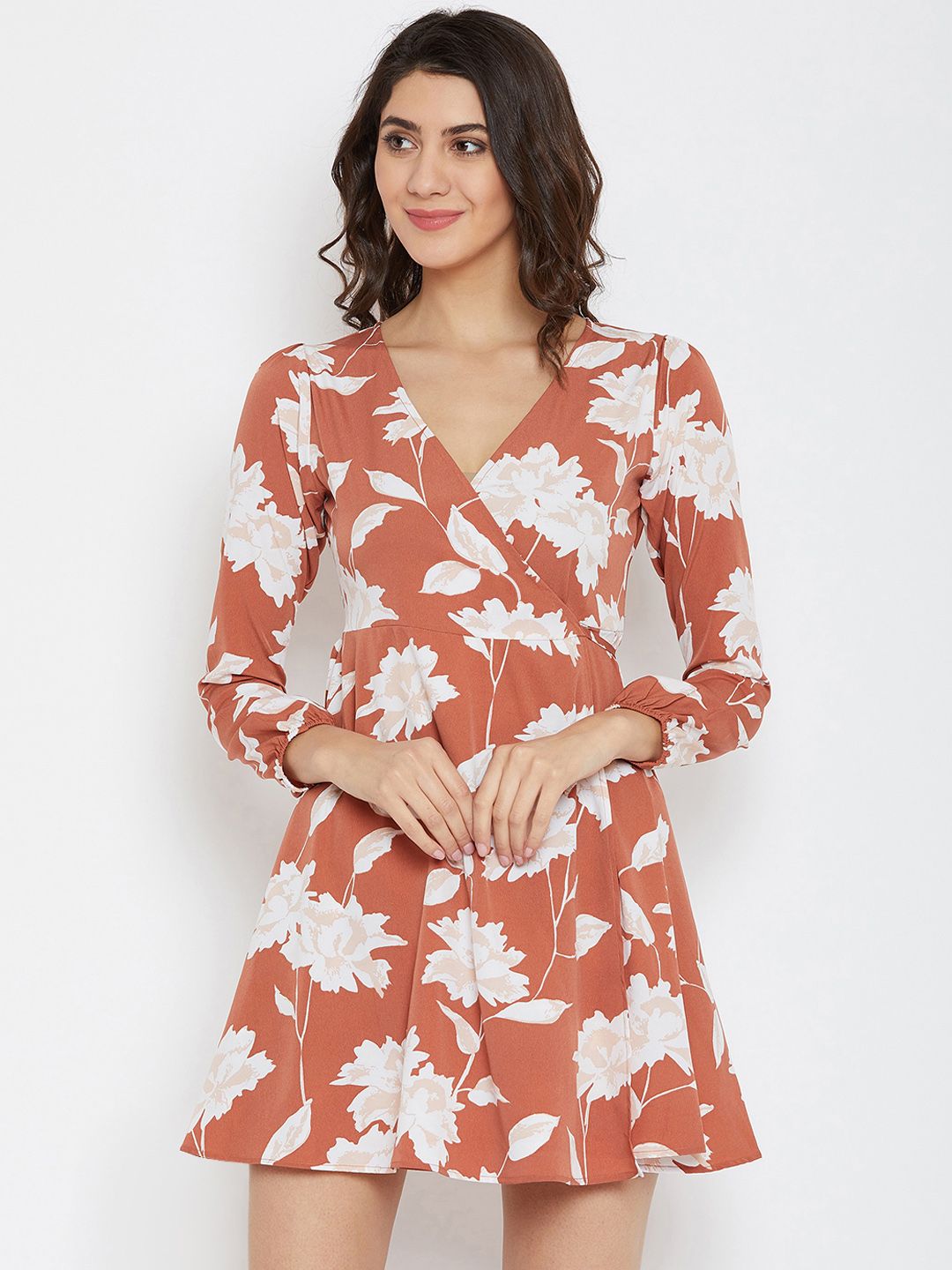 Berrylush Women Brown Floral Printed Wrap Dress