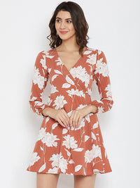 Berrylush Women Brown Floral Printed Wrap Dress