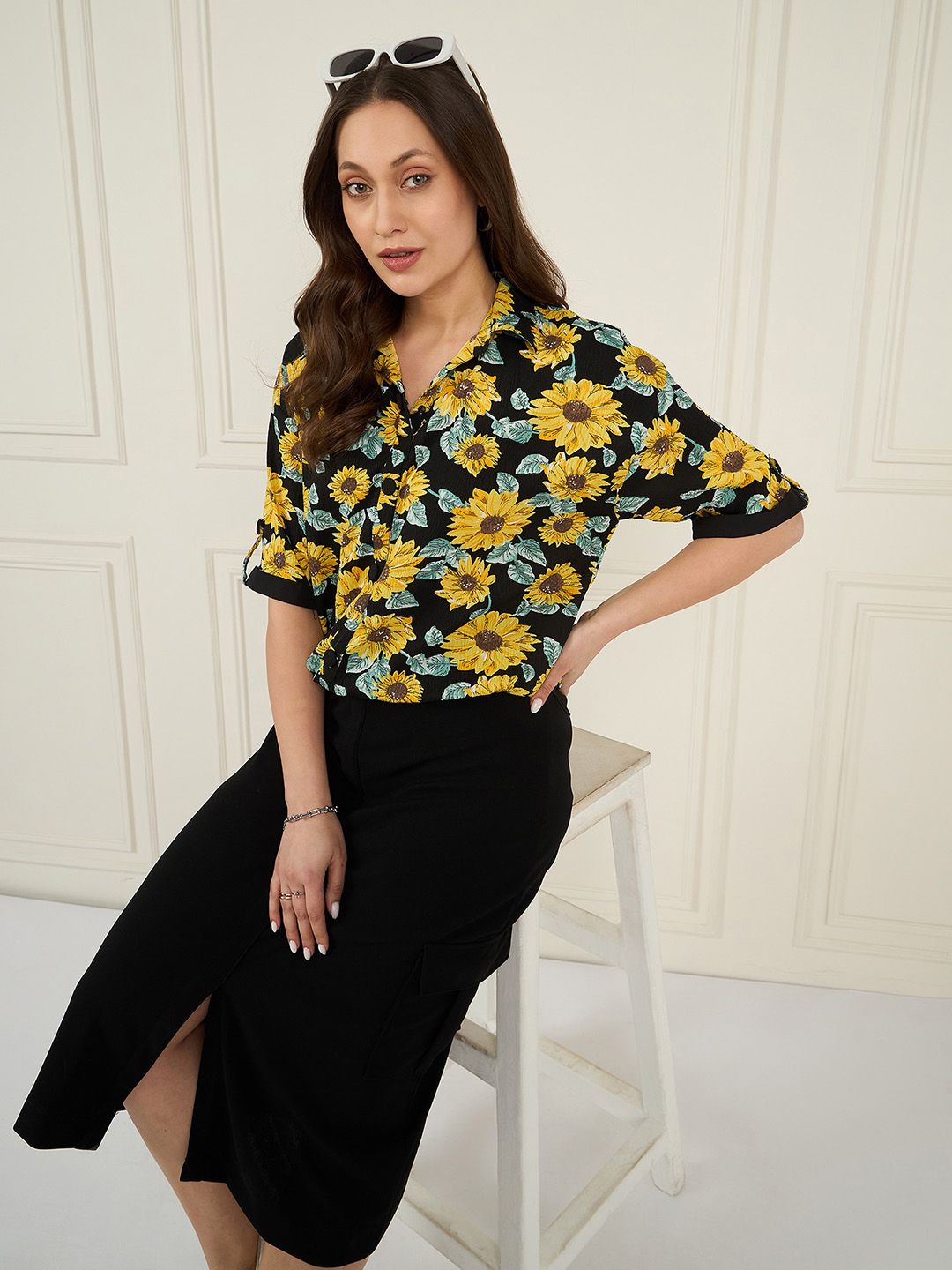 Antheaa Black Floral Printed Shirt With Flared Slit Skirt