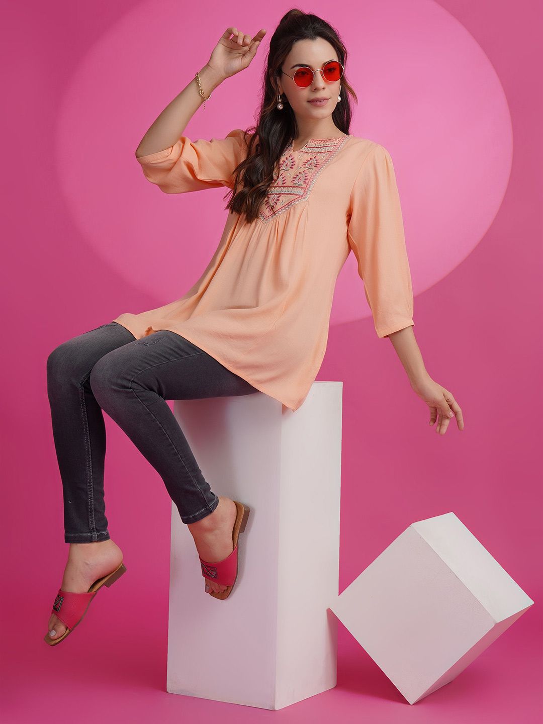 KALINI Floral Embroidered Thread Work A-Line Kurti