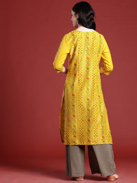 Anouk Floral Printed Tie-Up Neck Calf-Length Straight Kurta