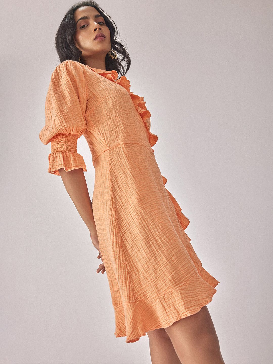 The Label Life Puff Sleeves Ruffled Detailed Cotton Warp Dress