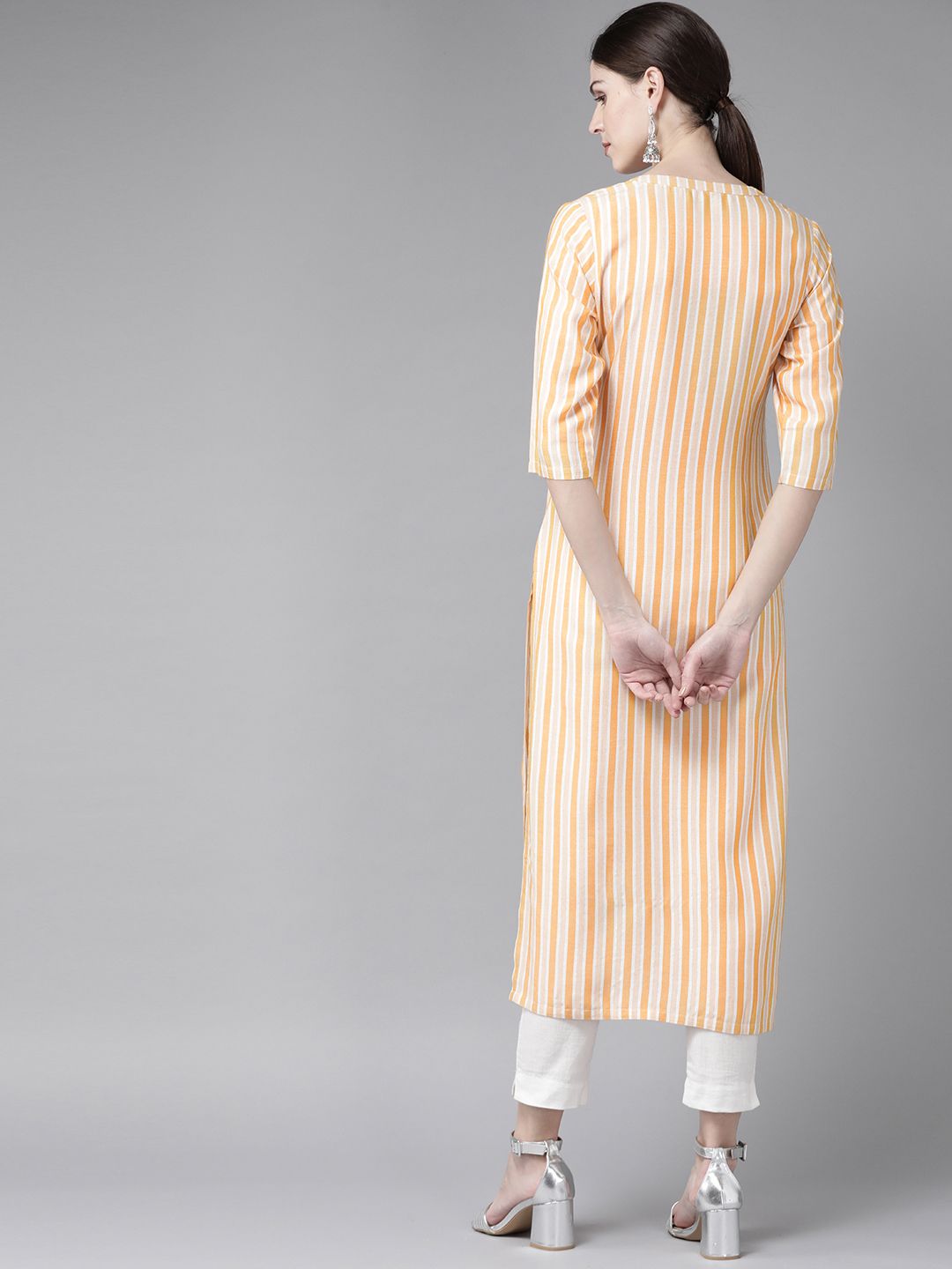 Libas Women Orange & White Striped Straight Kurta