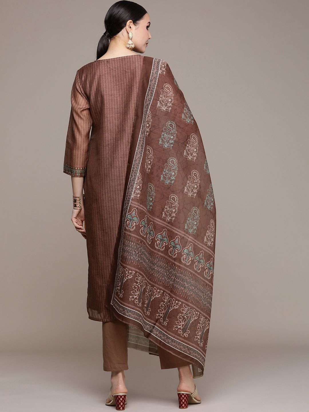 Anouk Women Brown Printed Regular Kurta with Trousers & With Dupatta