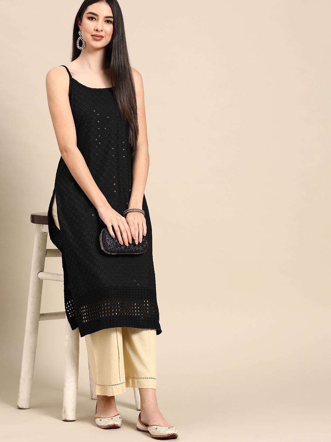 Anouk Women Black Cotton Ethnic Motifs Schiffli Embroidered Fusion Kurta