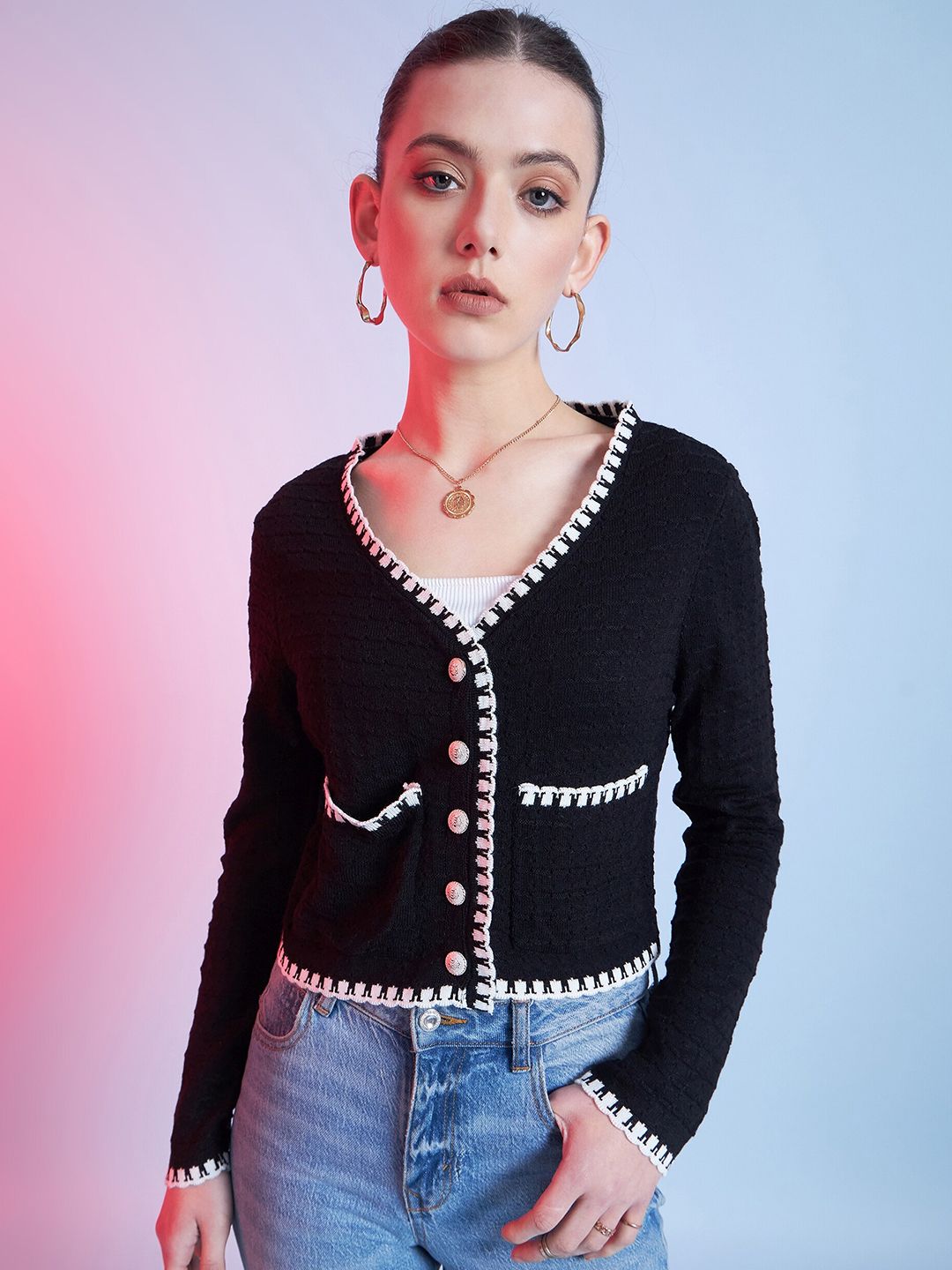 STREET 9 Black & White Self Design V-Neck Acrylic Cardigan Sweater