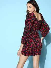 Berrylush Women Elegant Black Floral Pattern Play Dress