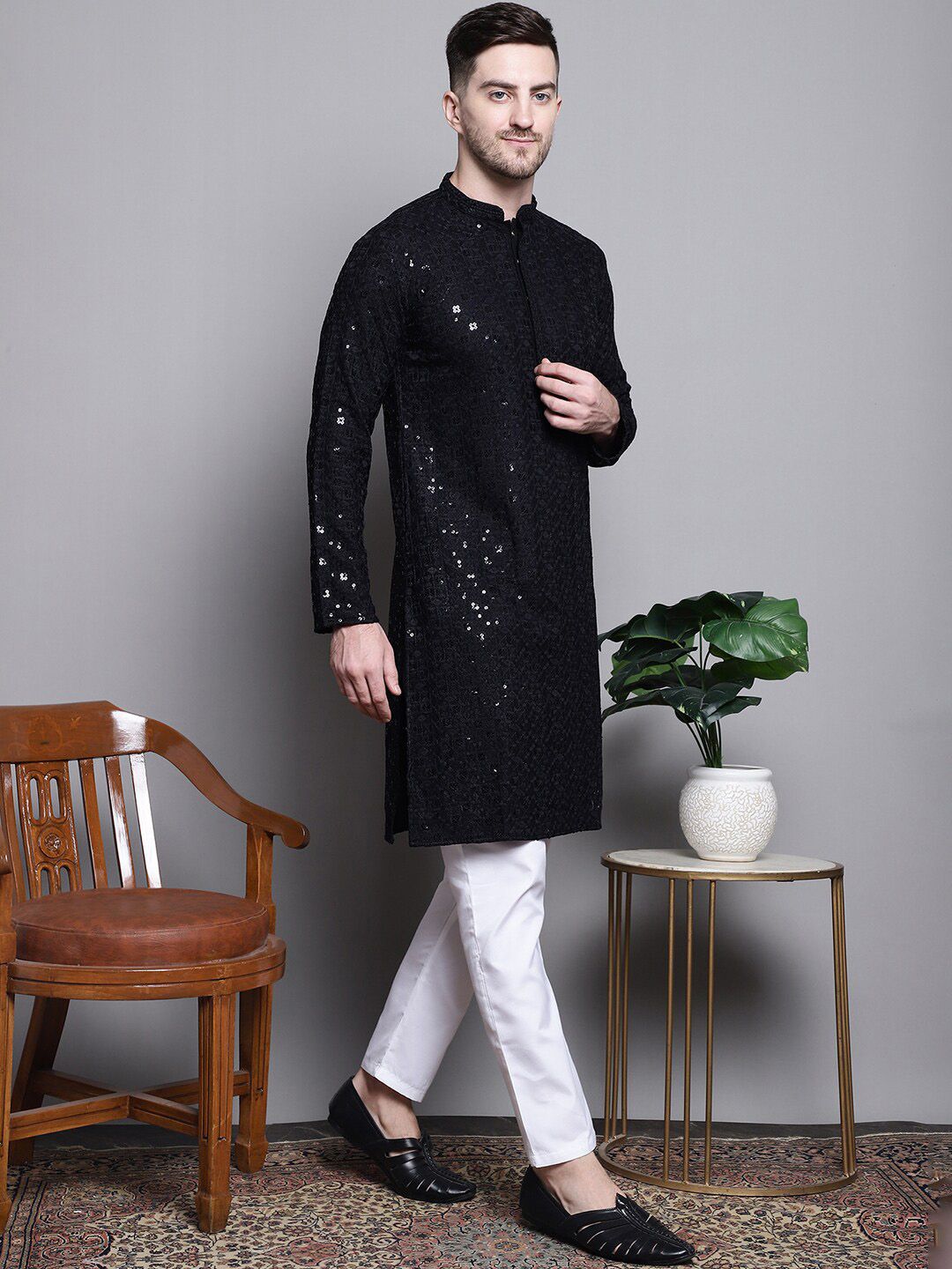Jompers Floral Embroidered Thread Work Sequinned Pure Cotton Kurta