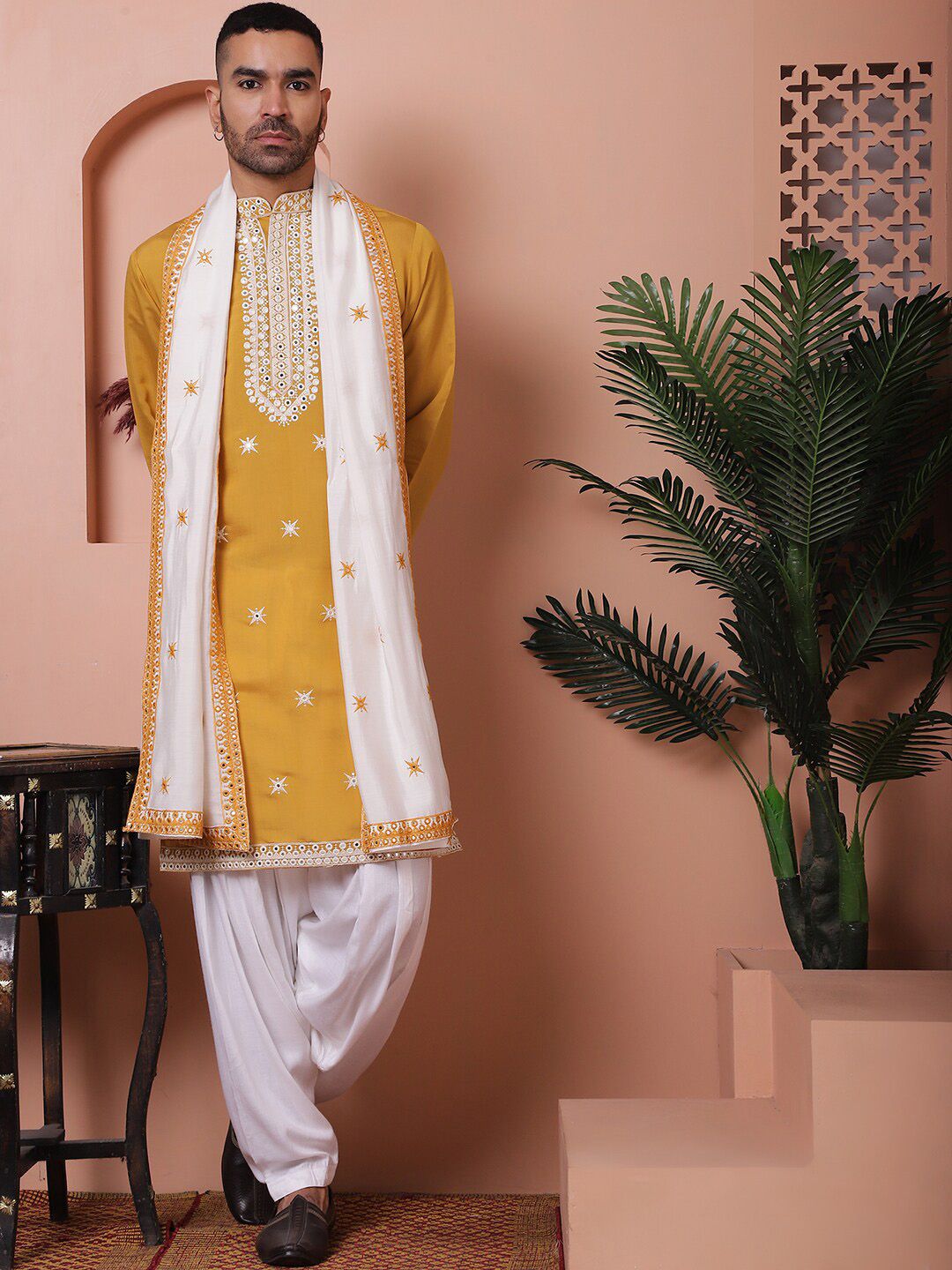 Jompers Embroidered Mandarin Collar Long Sleeves Kurta with Salwar & Dupatta