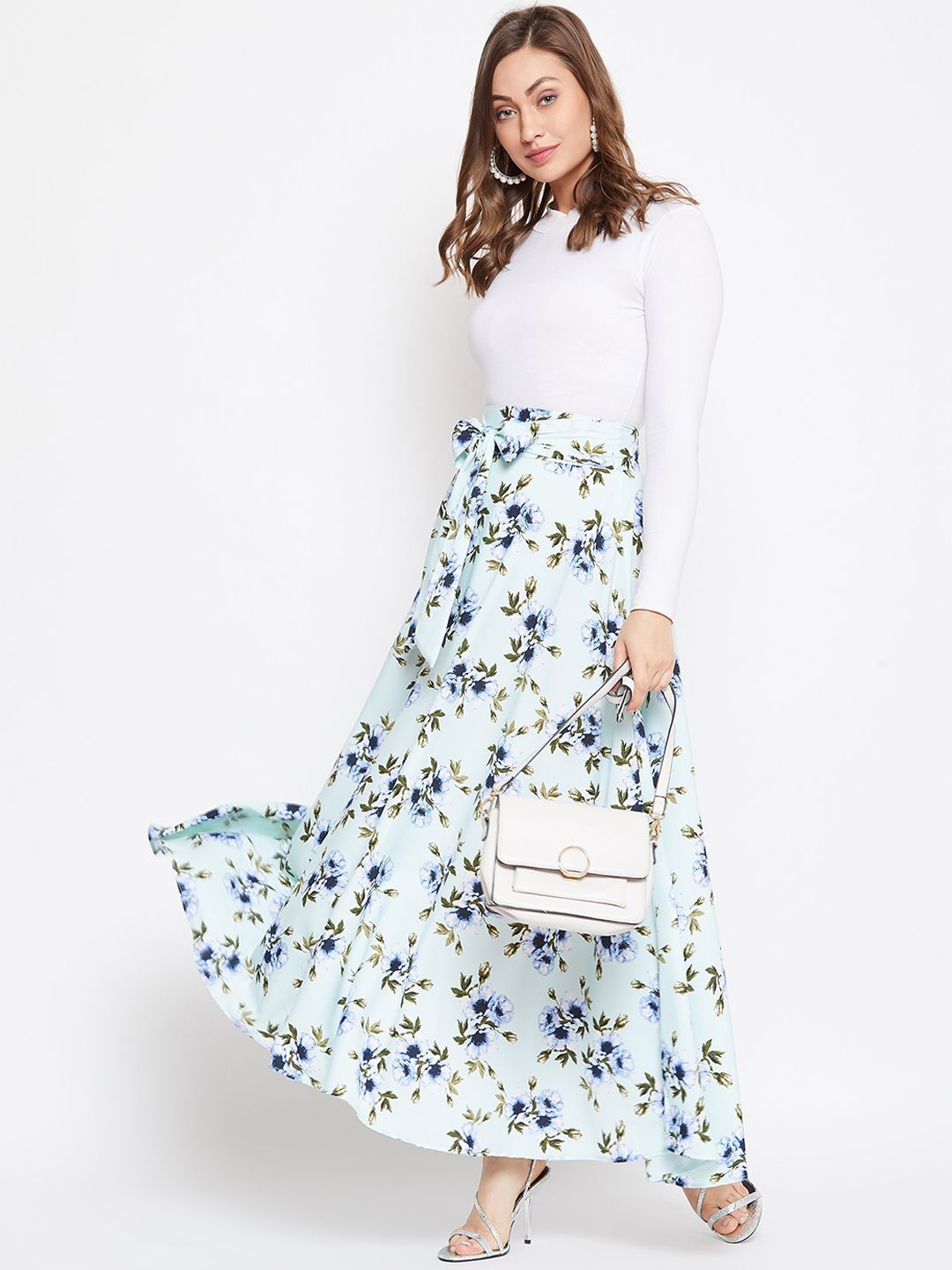 Berrylush Green & Blue Printed Flared Maxi Skirt