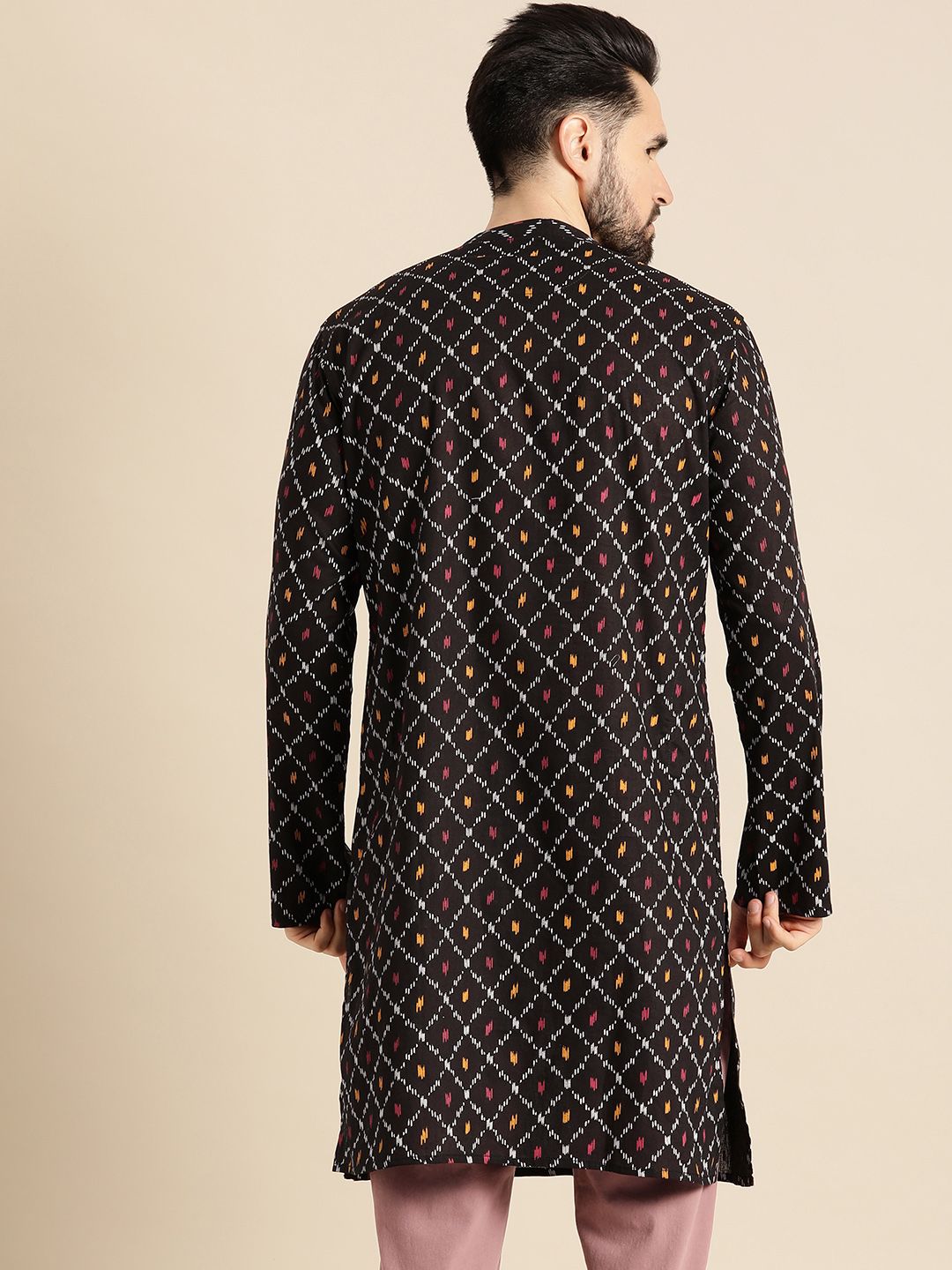 Anouk Men Black & Mustard Yellow Geometric Printed Kurta